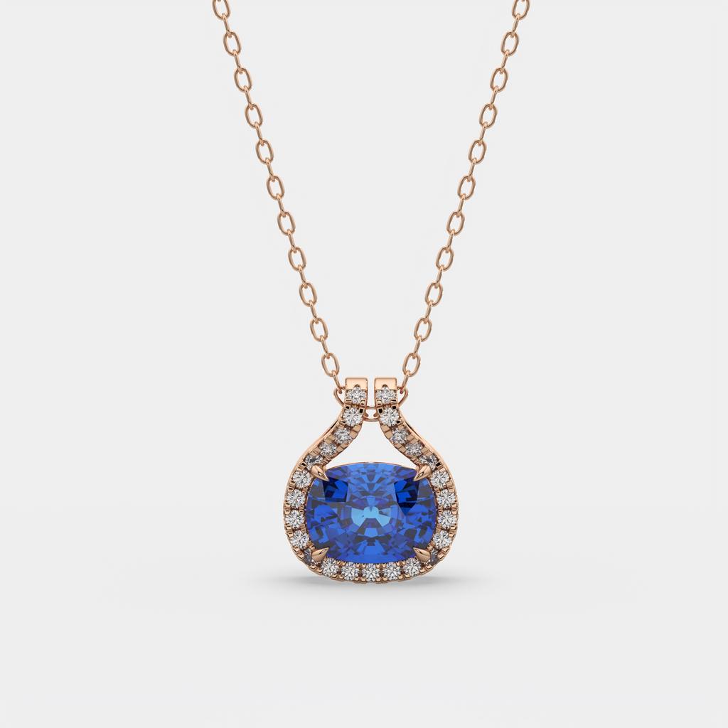 2.20 Ct Cushion Blue Sapphire Diamond East West Pendant, in rose gold, front view
