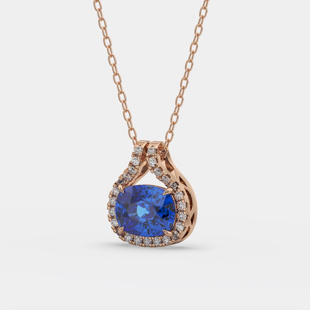 2.20 Ct Cushion Blue Sapphire Diamond East West Pendant, in rose gold, front view