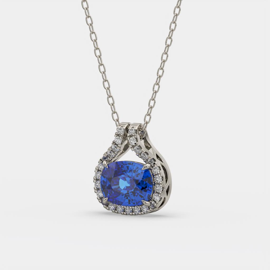 2.20 Ct Cushion Blue Sapphire Diamond East West Pendant, in white gold, front view