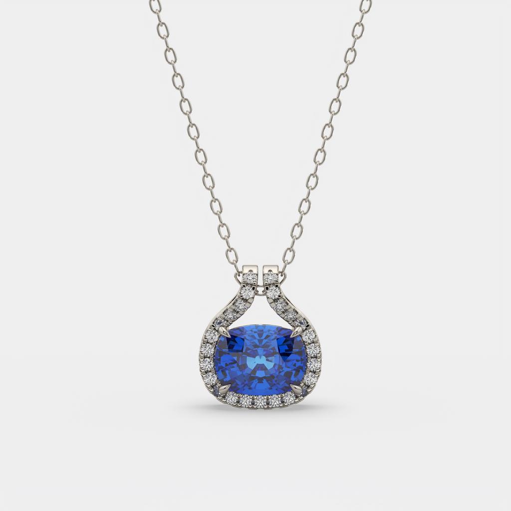 2.20 Ct Cushion Blue Sapphire Diamond East West Pendant, in white gold, front view