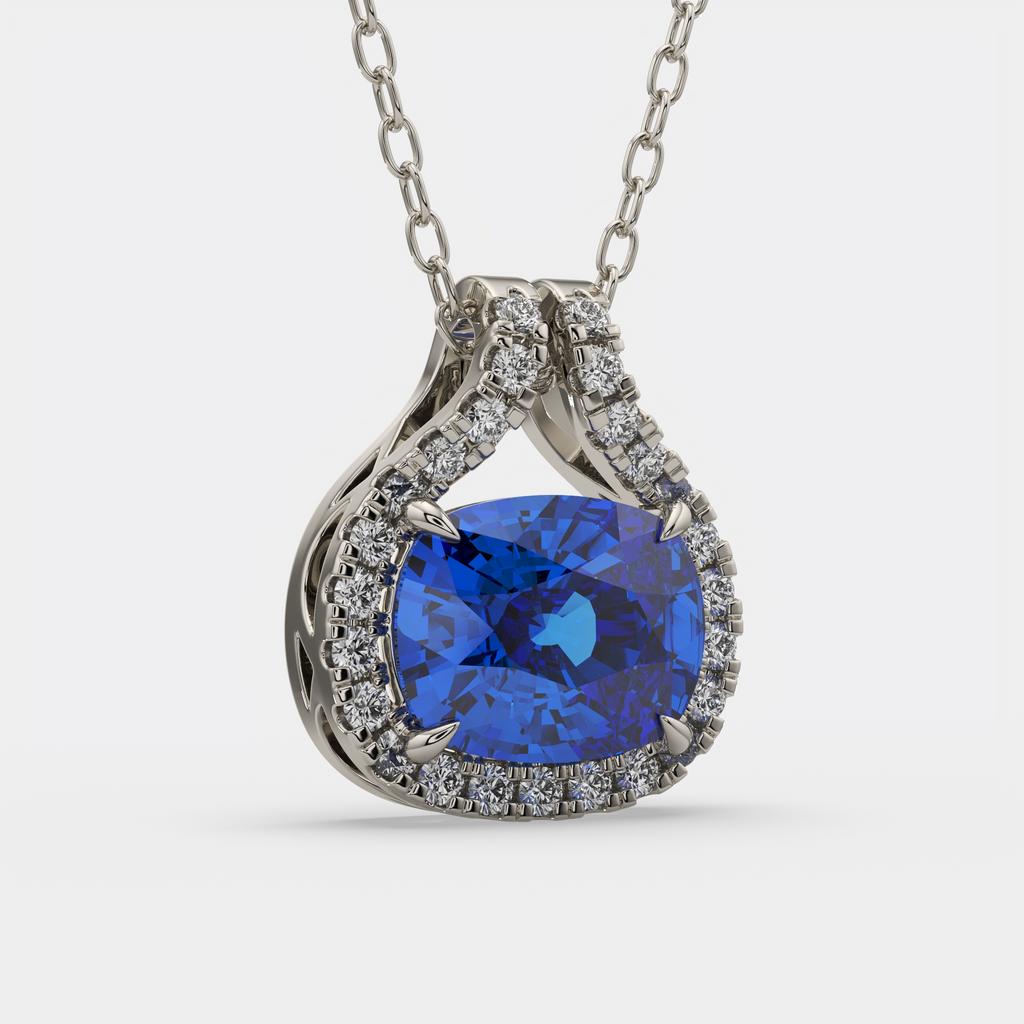 2.20 Ct Cushion Blue Sapphire Diamond East West Pendant, in white gold, front view