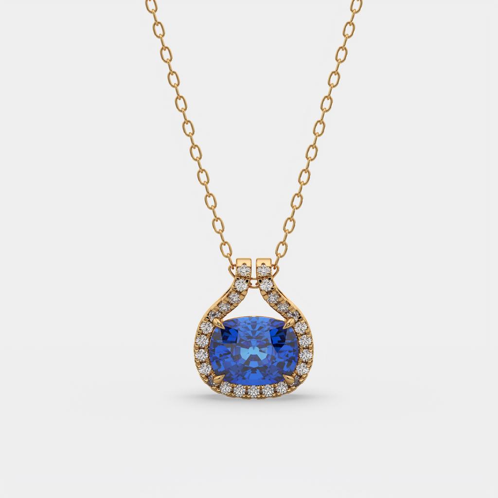 2.20 Ct Cushion Blue Sapphire Diamond East West Pendant, in yellow gold, front view