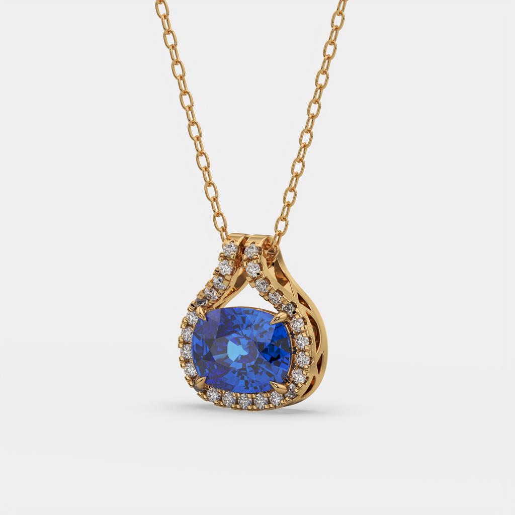 2.20 Ct Cushion Blue Sapphire Diamond East West Pendant, in yellow gold, front view