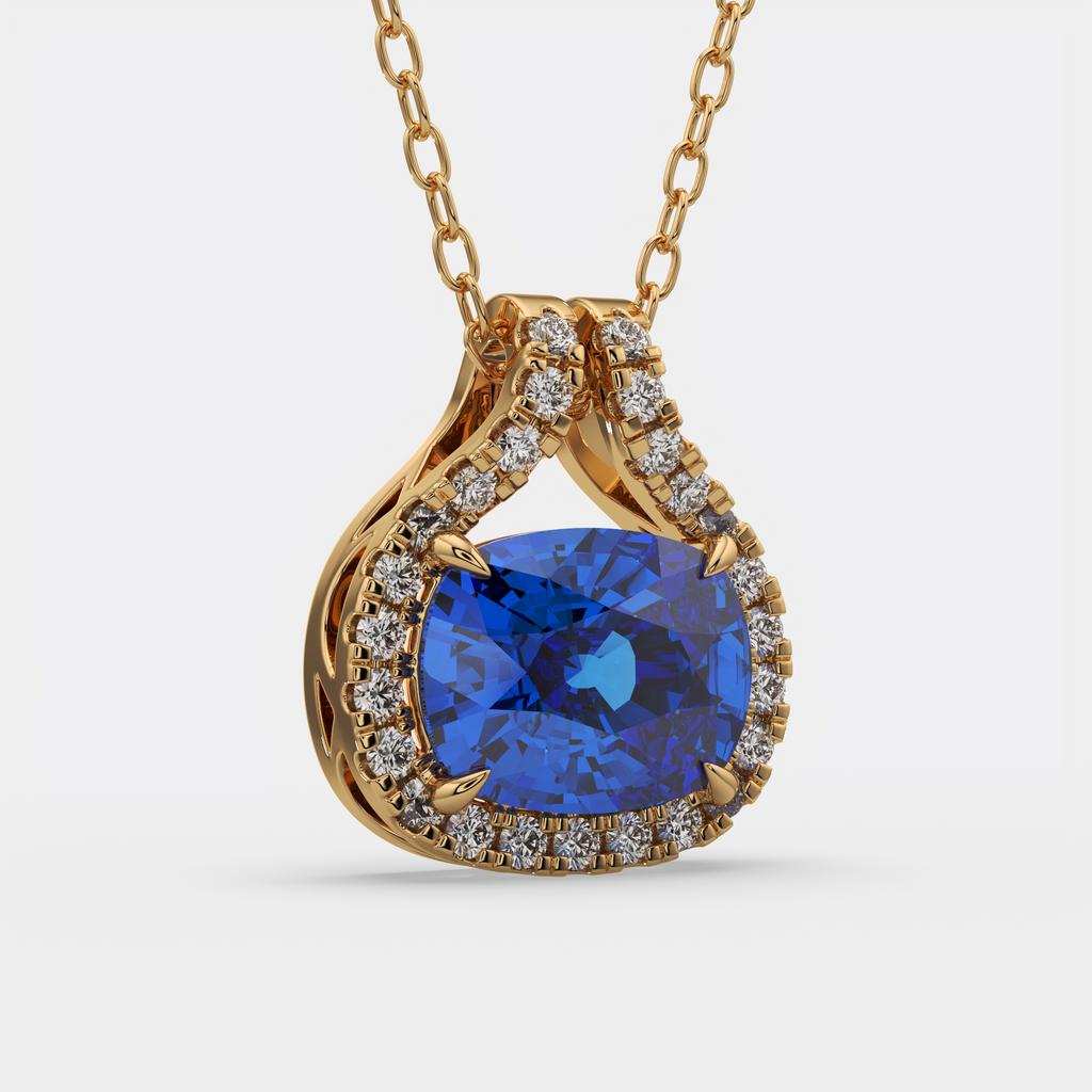 2.20 Ct Cushion Blue Sapphire Diamond East West Pendant, in yellow gold, side profile