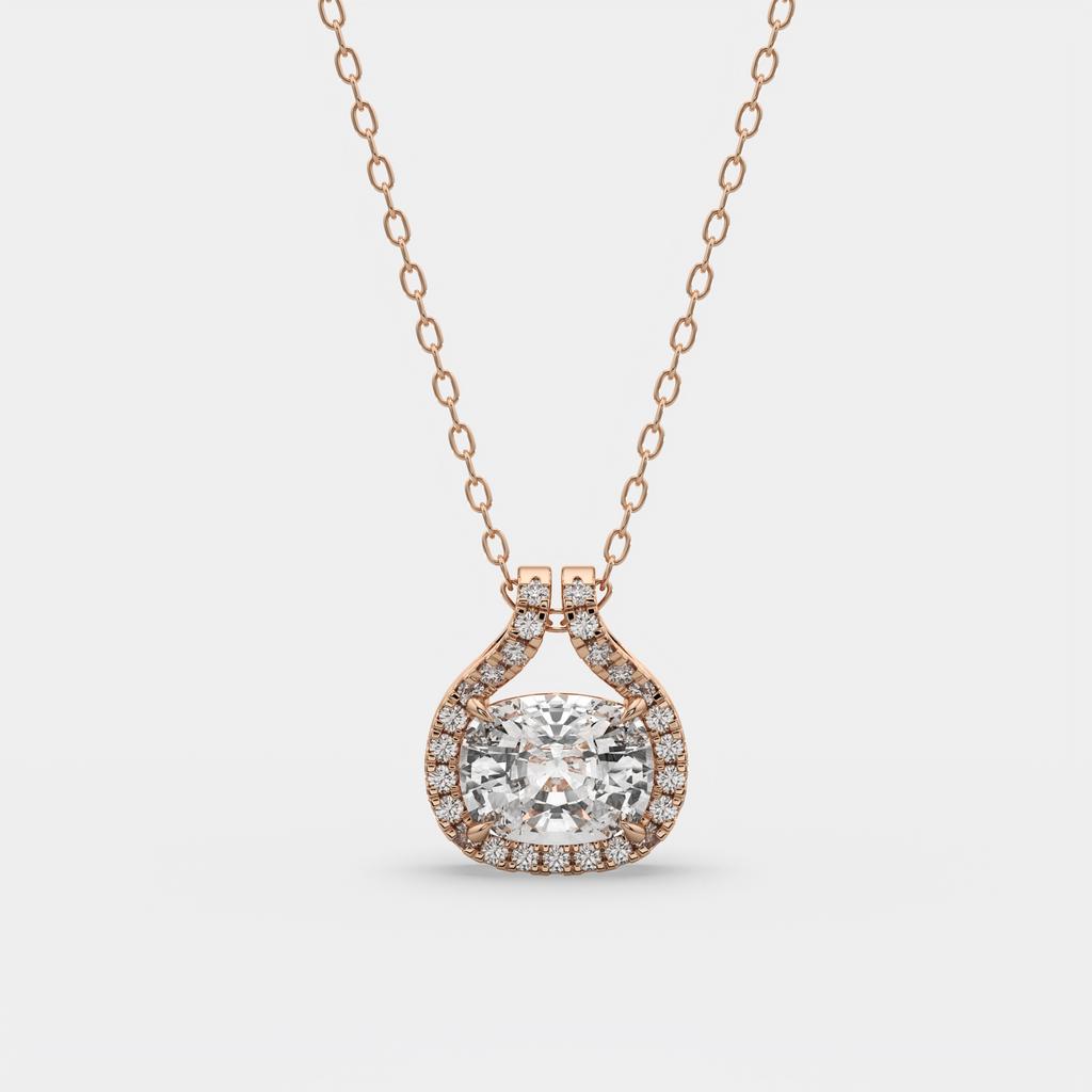 2.20 Ct E Color VS1 Cushion East West Diamond Pendant, in rose gold, front view
