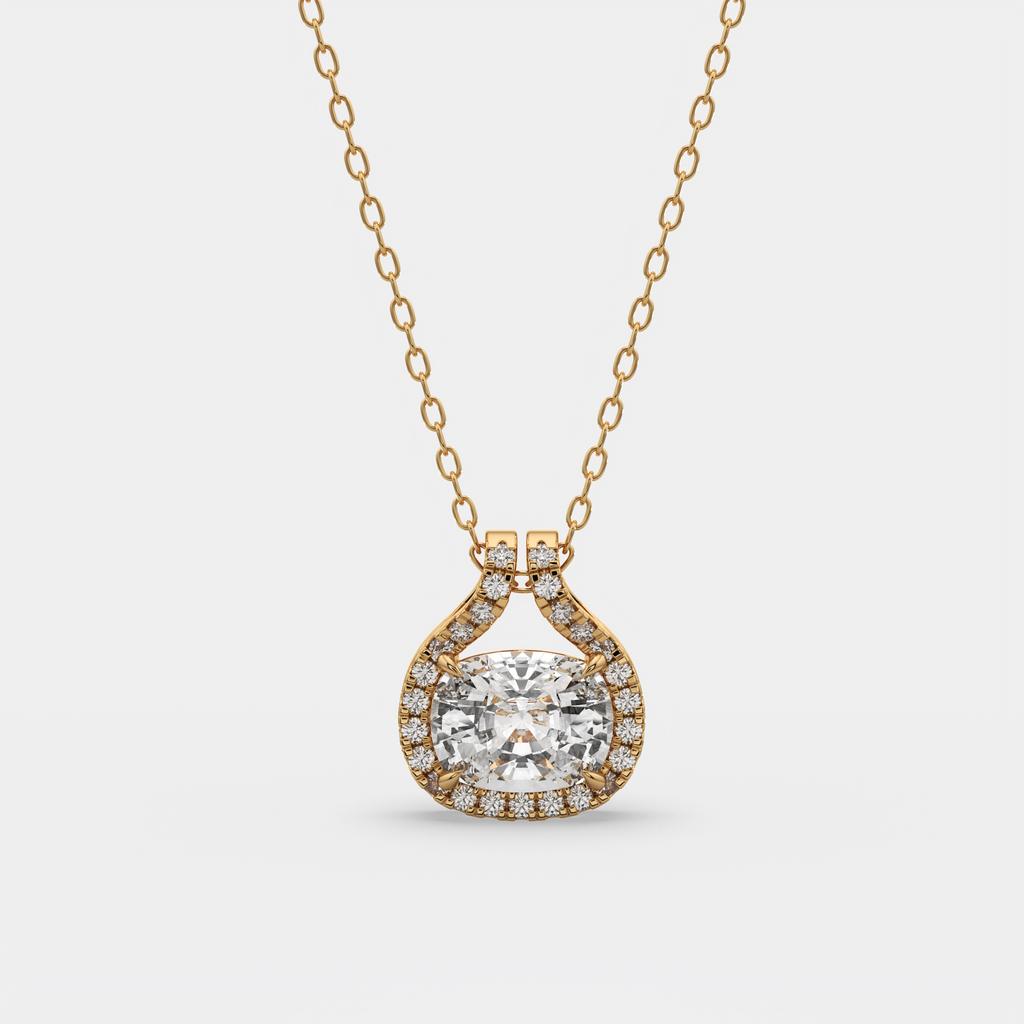 2.20 Ct E Color VS1 Cushion East West Diamond Pendant, in yellow gold, front view
