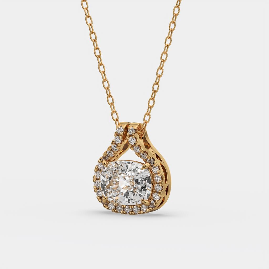 2.20 Ct E Color VS1 Cushion East West Diamond Pendant, in yellow gold, side profile