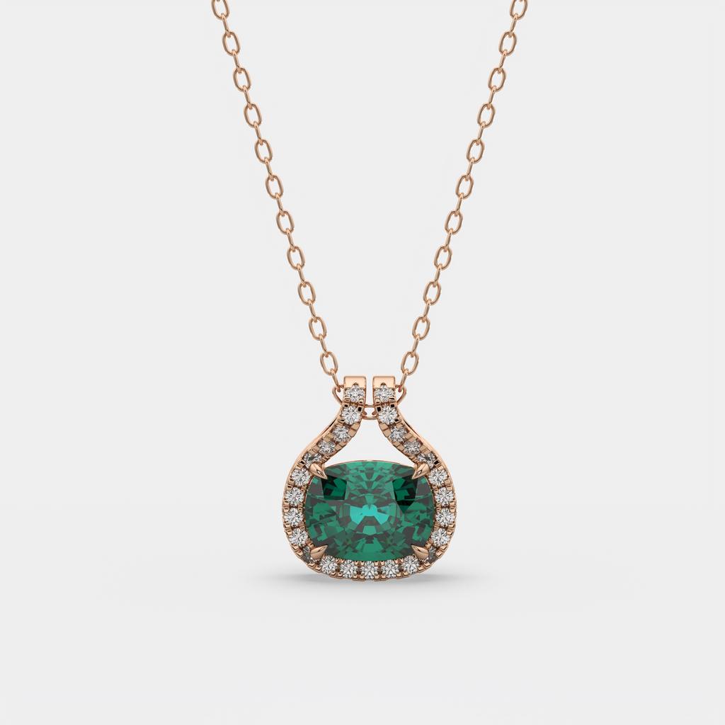 2.20 Ct Cushion Green Emerald Diamond East West Pendant, in rose gold, front view