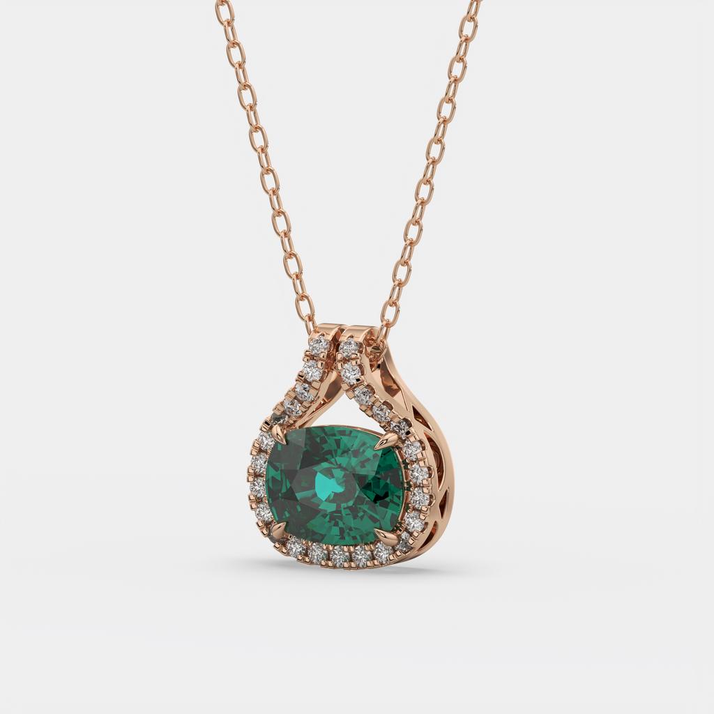 2.20 Ct Cushion Green Emerald Diamond East West Pendant, in rose gold, front view