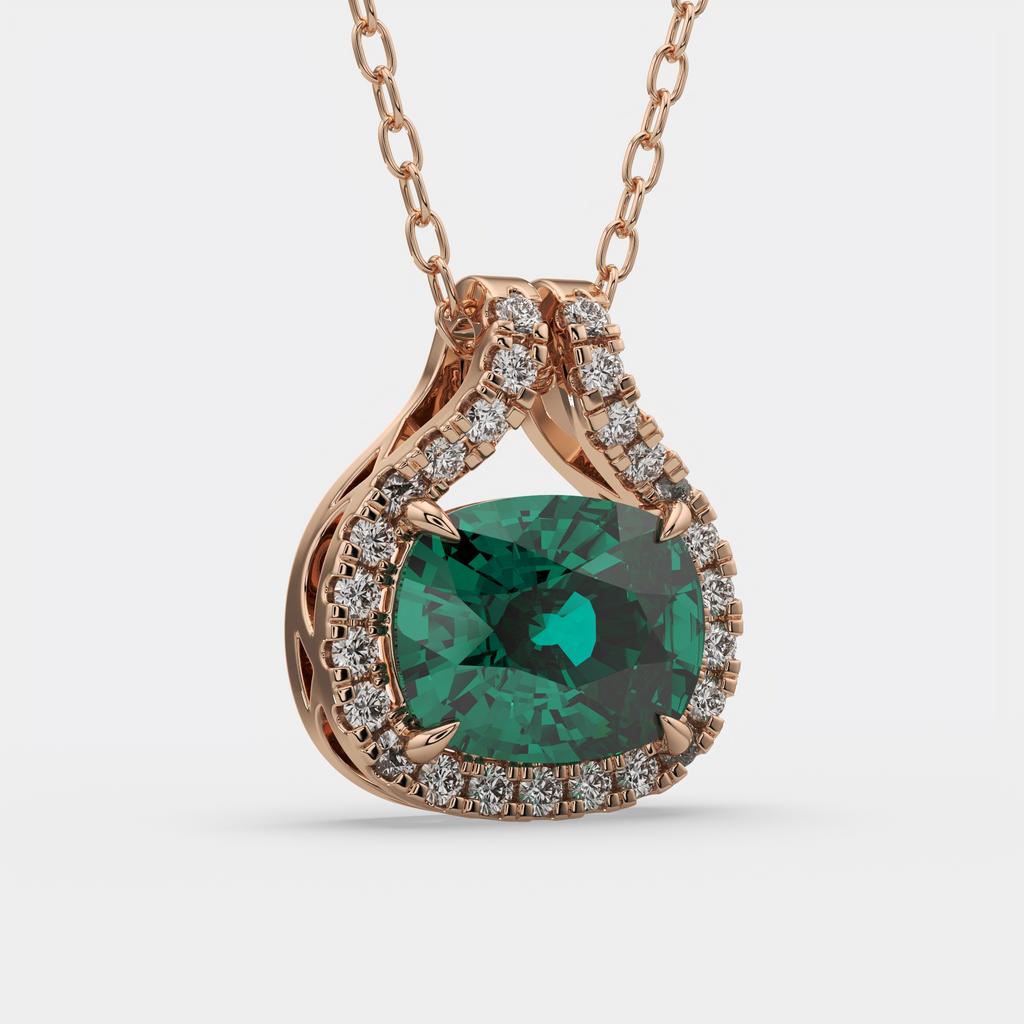 2.20 Ct Cushion Green Emerald Diamond East West Pendant, in rose gold, side profile