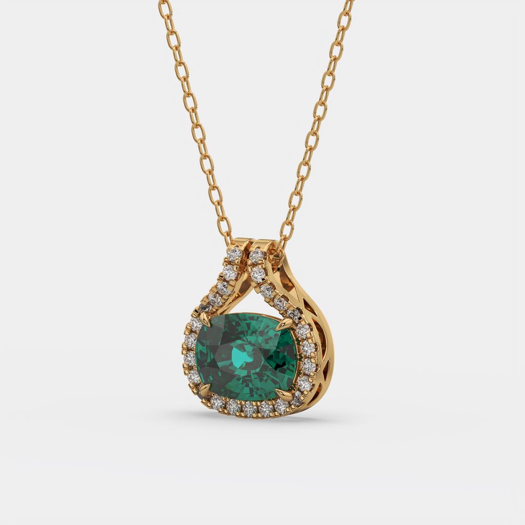 2.20 Ct Cushion Green Emerald Diamond East West Pendant, in yellow gold, front view