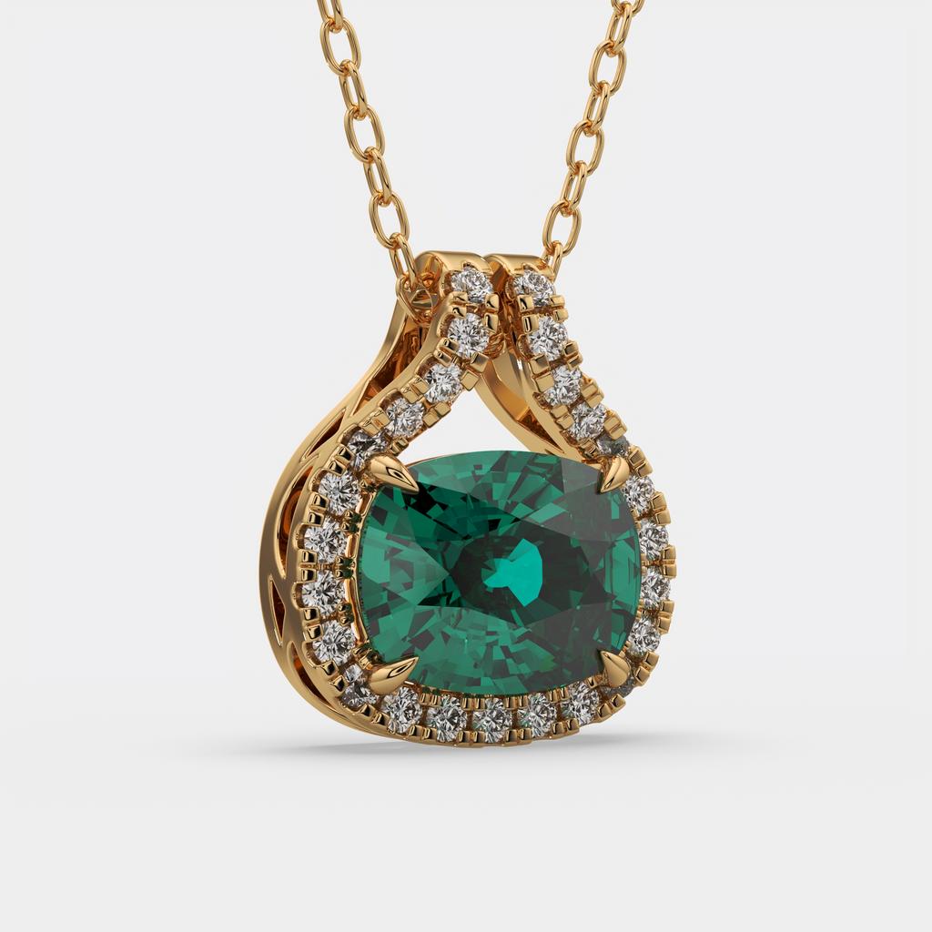 2.20 Ct Cushion Green Emerald Diamond East West Pendant, in yellow gold, side profile