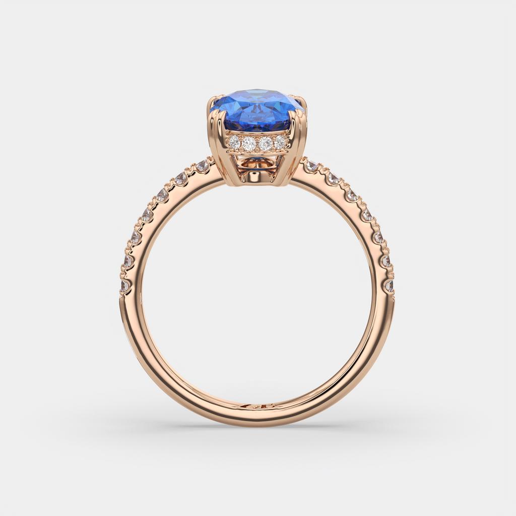 2.25 Ct Oval Blue Sapphire Hidden Halo Diamond Ring, in rose gold, side profile