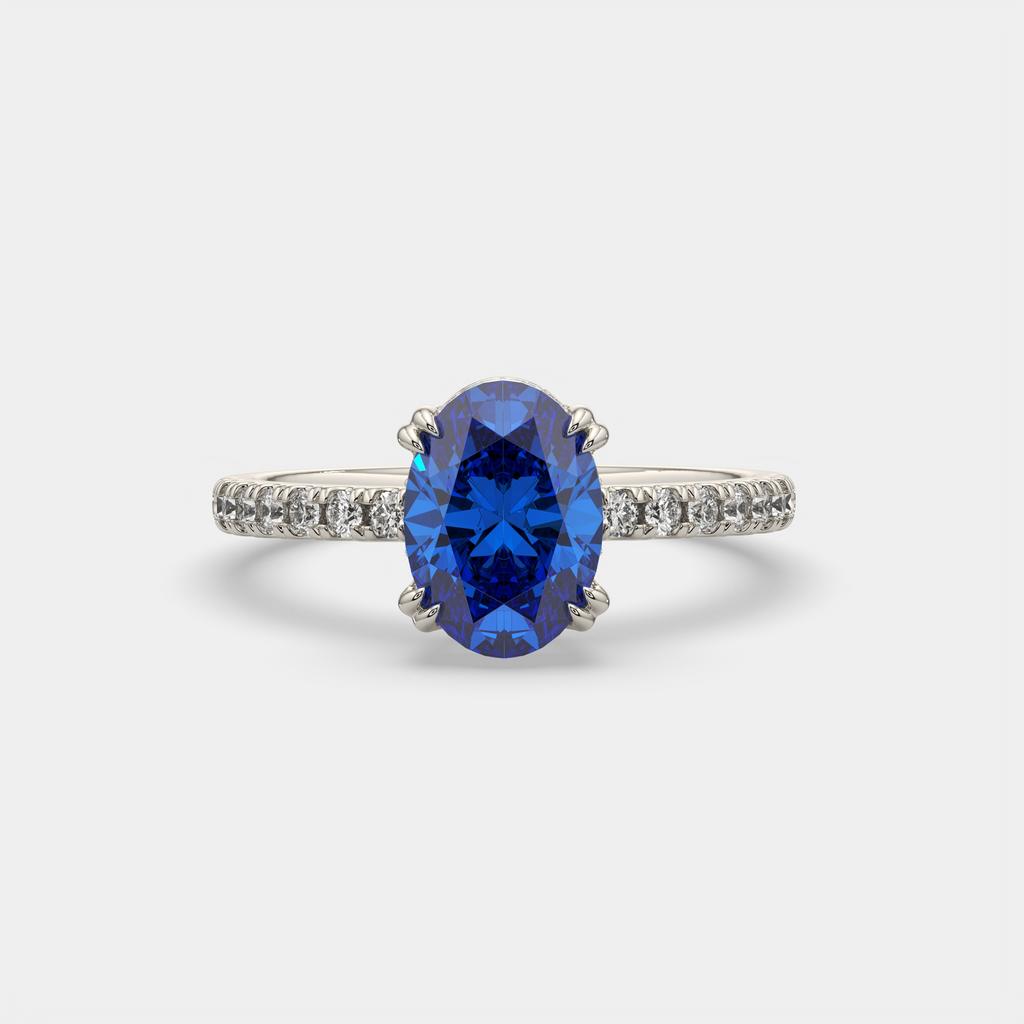 2.25 Ct Oval Blue Sapphire Hidden Halo Diamond Ring, in white gold, front view