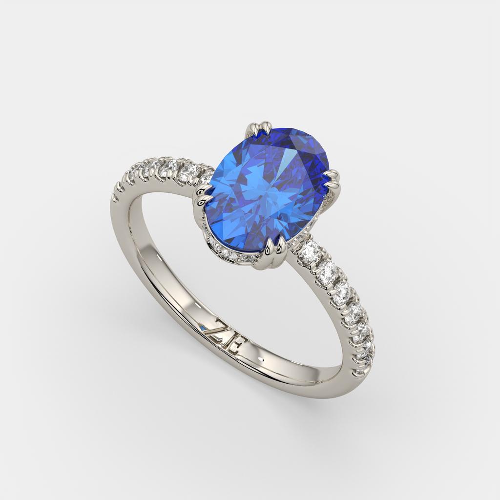 2.25 Ct Oval Blue Sapphire Hidden Halo Diamond Ring, in white gold, front view