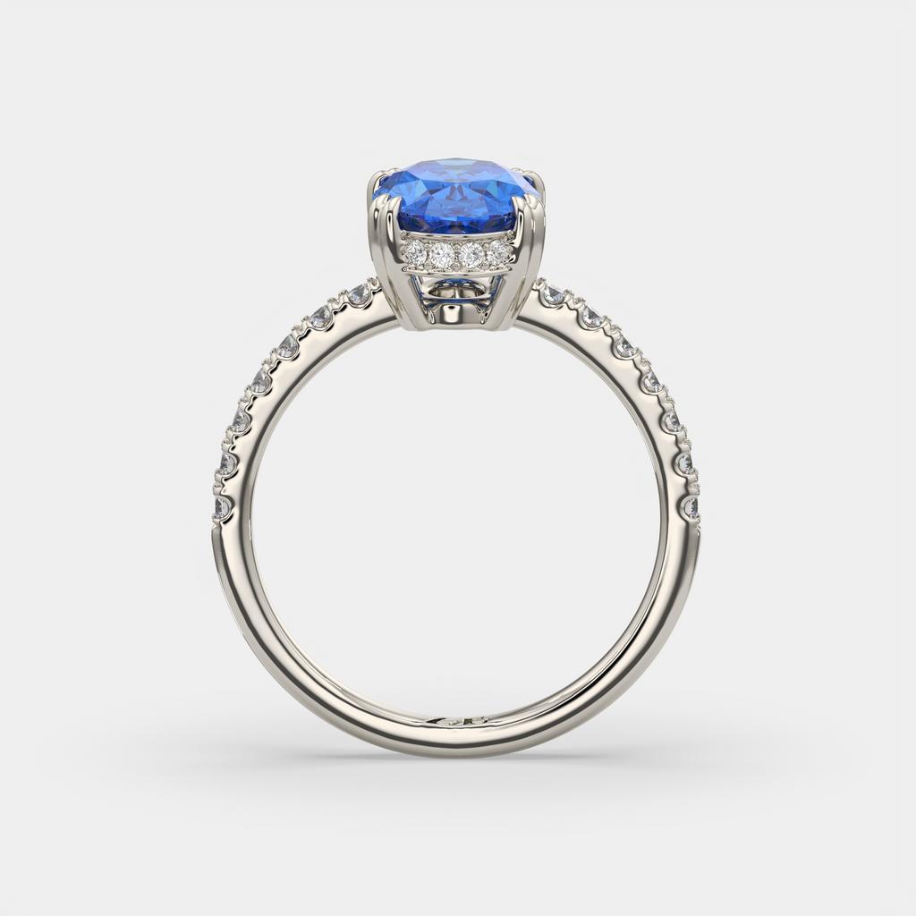 2.25 Ct Oval Blue Sapphire Hidden Halo Diamond Ring, in white gold, side profile