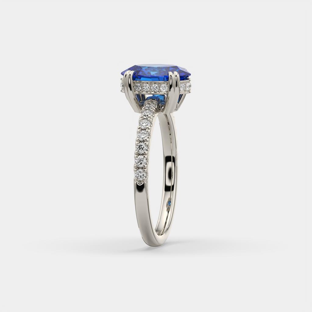 2.25 Ct Oval Blue Sapphire Hidden Halo Diamond Ring, in white gold, side profile