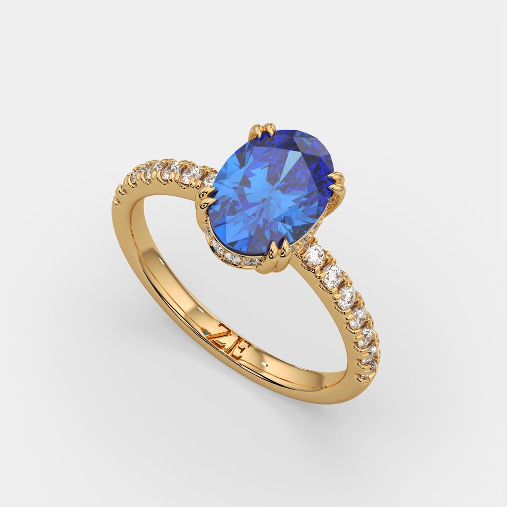 2.25 Ct Oval Blue Sapphire Hidden Halo Diamond Ring, in yellow gold, front view