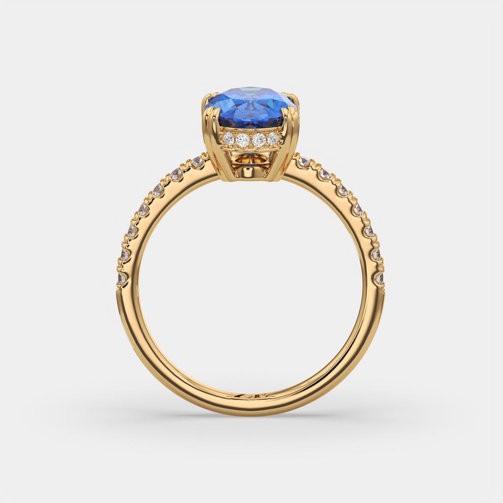 2.25 Ct Oval Blue Sapphire Hidden Halo Diamond Ring, in yellow gold, side profile