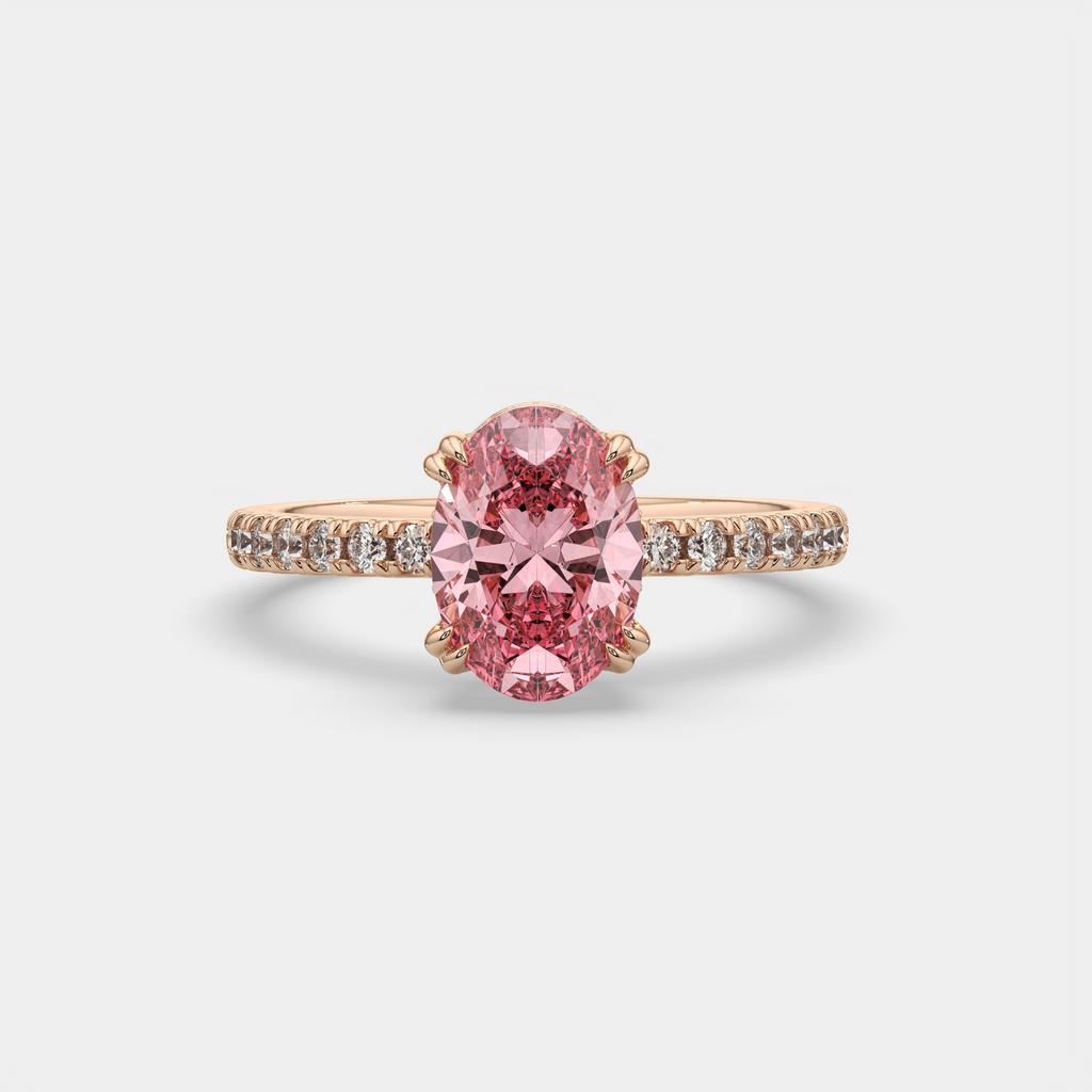 2.25 Ct Oval Pink Sapphire Hidden Halo Diamond Ring, in rose gold, front view