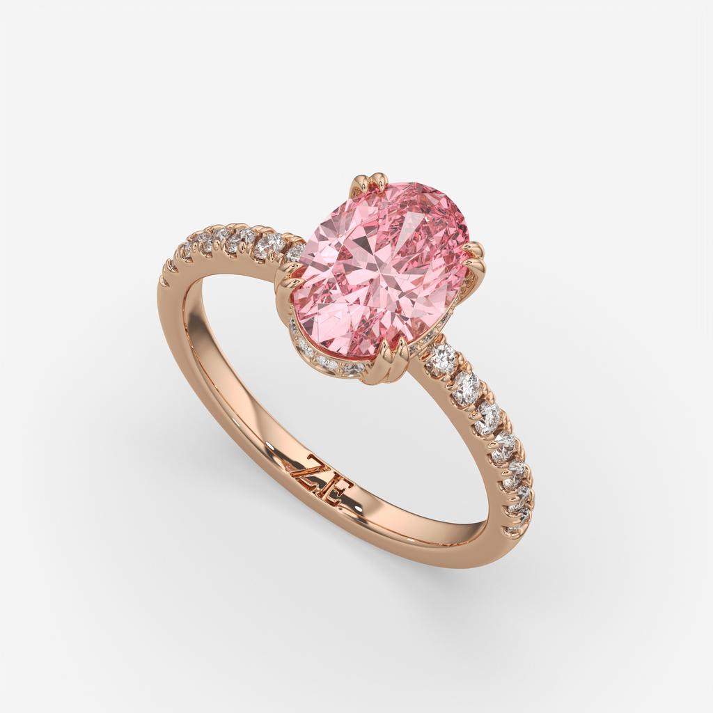 2.25 Ct Oval Pink Sapphire Hidden Halo Diamond Ring, in rose gold, front view