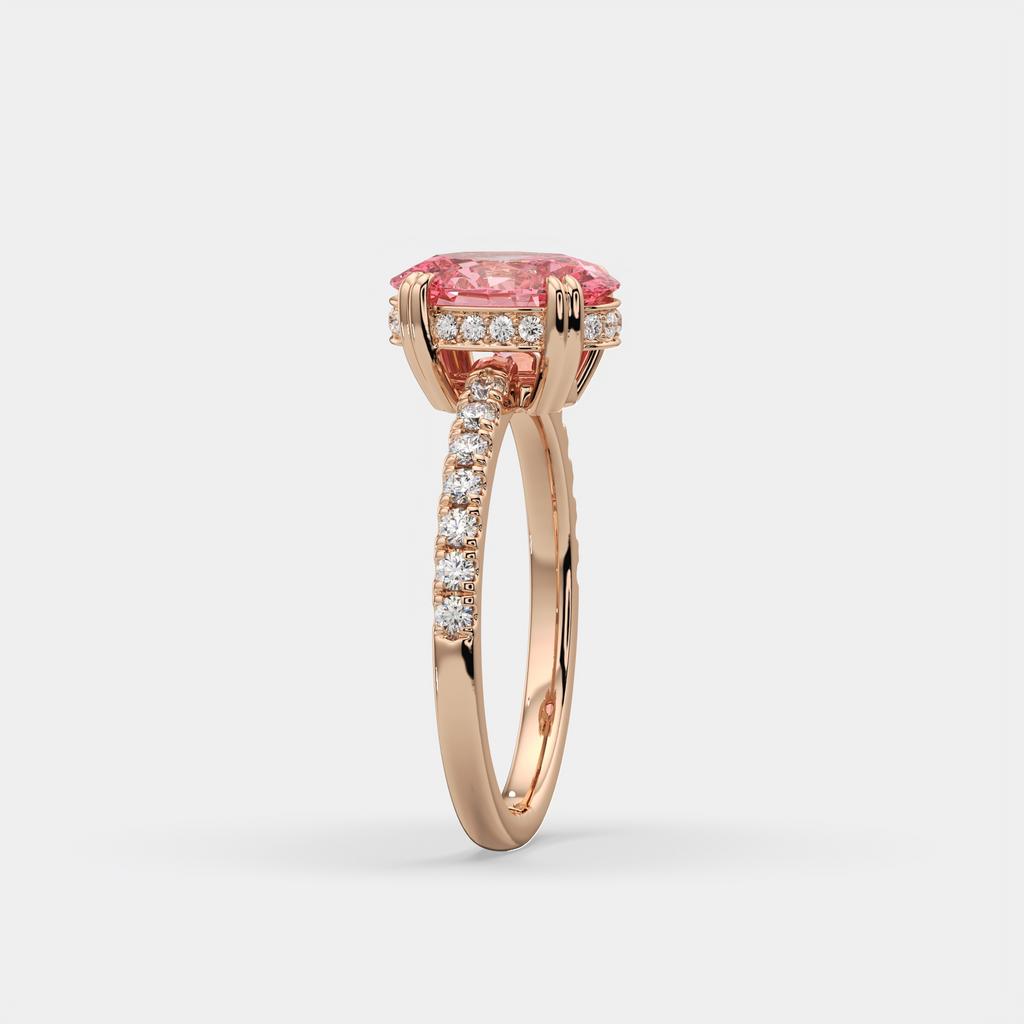 2.25 Ct Oval Pink Sapphire Hidden Halo Diamond Ring, in rose gold, side profile