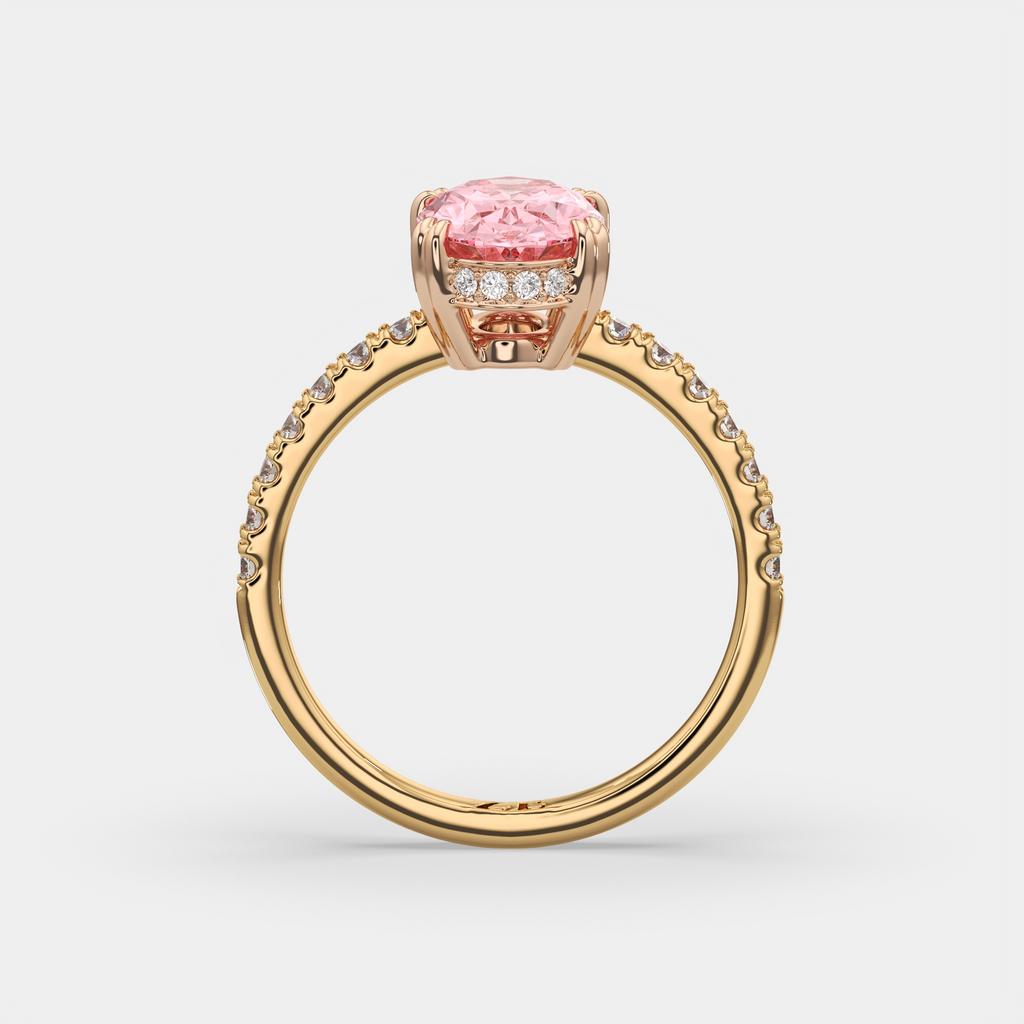 2.25 Ct Oval Pink Sapphire Hidden Halo Diamond Ring, in yellow gold, side profile