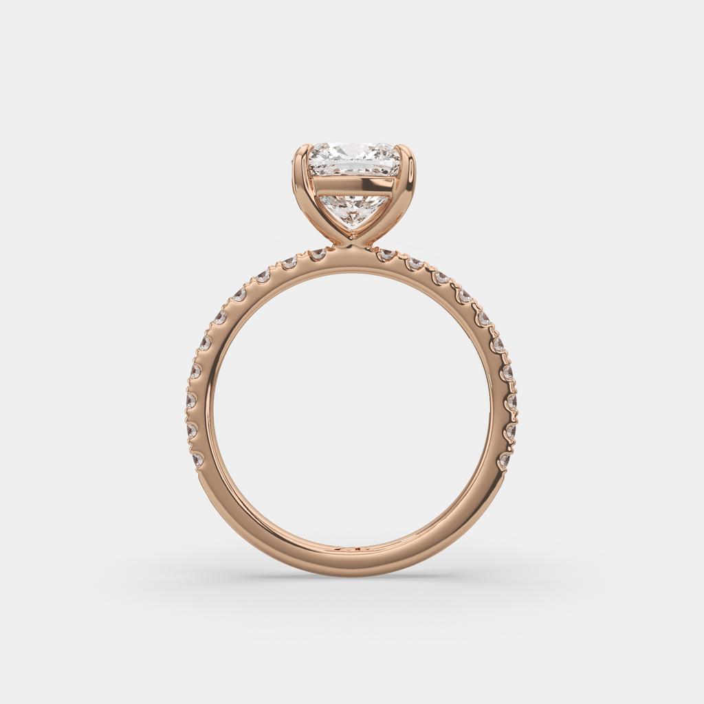2.35 Ct E Color VS1 Cushion Diamond Pavé Ring, in rose gold, front view