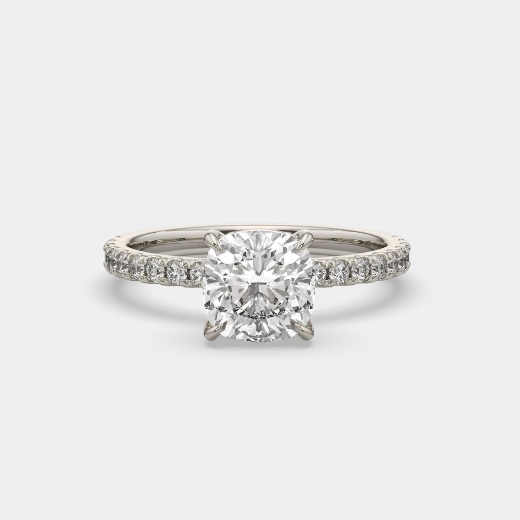 2.35 Ct E Color VS1 Cushion Diamond Pavé Ring, in white gold, front view