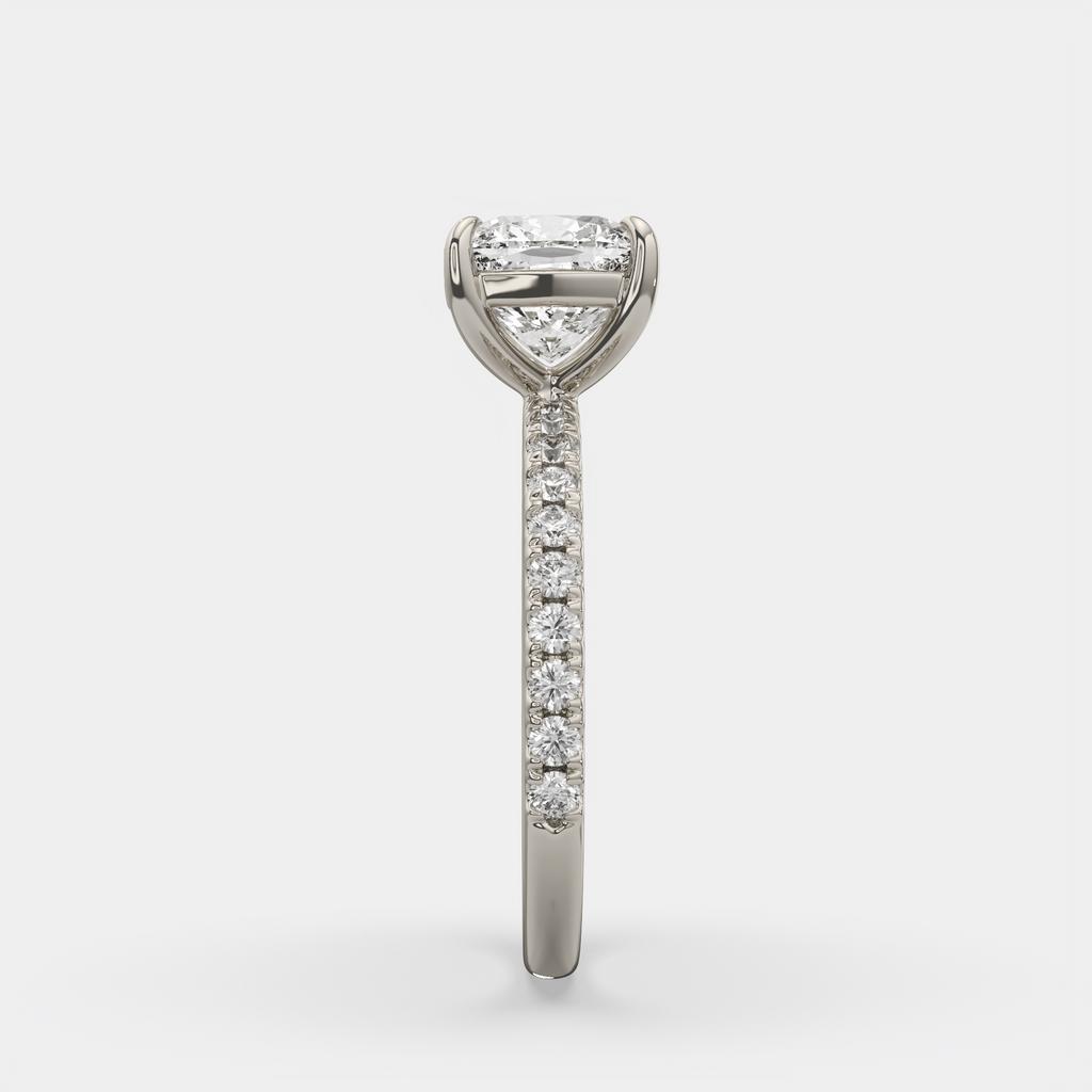 2.35 Ct E Color VS1 Cushion Diamond Pavé Ring, in white gold, side profile