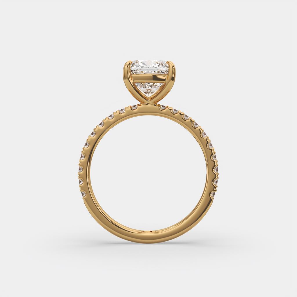 2.35 Ct E Color VS1 Cushion Diamond Pavé Ring, in yellow gold, front view