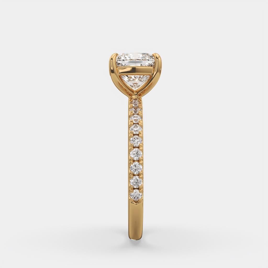 2.35 Ct E Color VS1 Cushion Diamond Pavé Ring, in yellow gold, side profile