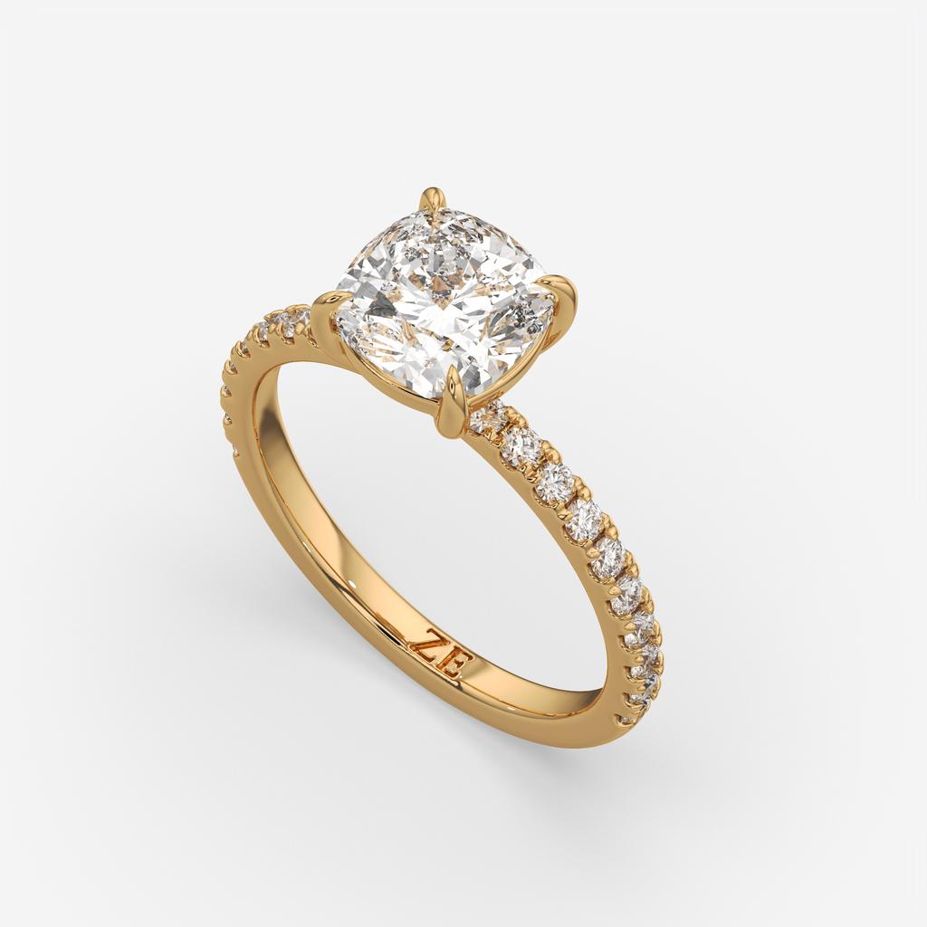 2.35 Ct E Color VS1 Cushion Diamond Pavé Ring, in yellow gold, side profile