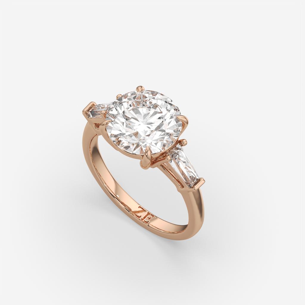 2.40 Ct D Color VS1 Round Diamond Three Stone Ring With Tapered Baguettes, in rose gold, front view