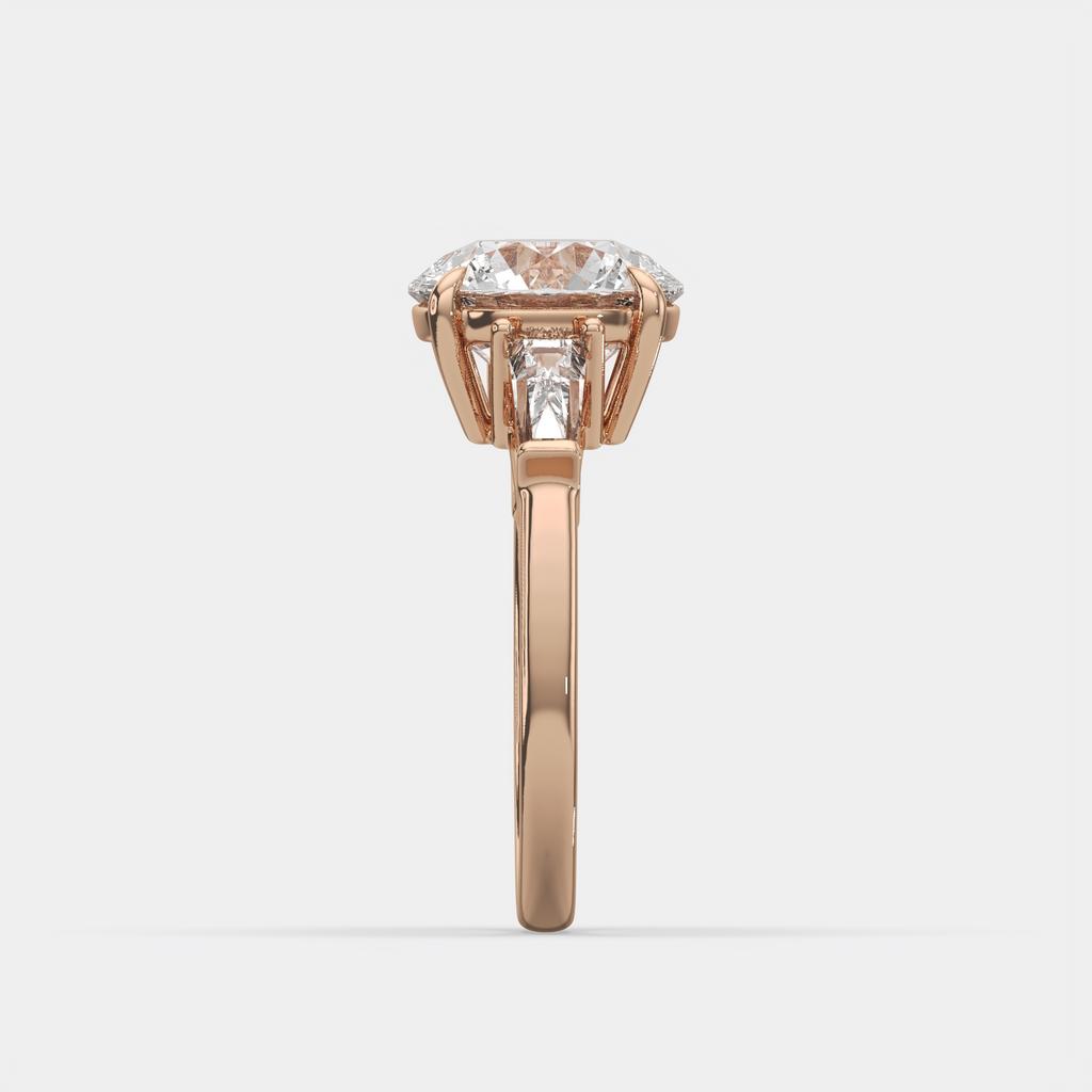 2.40 Ct D Color VS1 Round Diamond Three Stone Ring With Tapered Baguettes, in rose gold, side profile