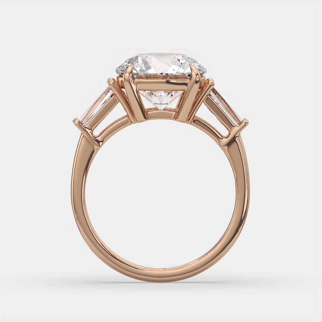 2.40 Ct D Color VS1 Round Diamond Three Stone Ring With Tapered Baguettes, in rose gold, side profile