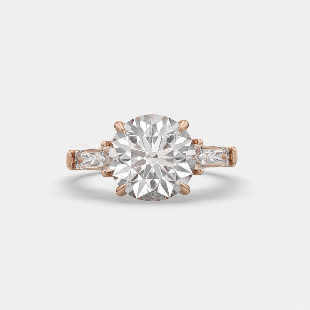 2.40 Ct D Color VS1 Round Diamond Three Stone Ring With Tapered Baguettes, in rose gold, top view