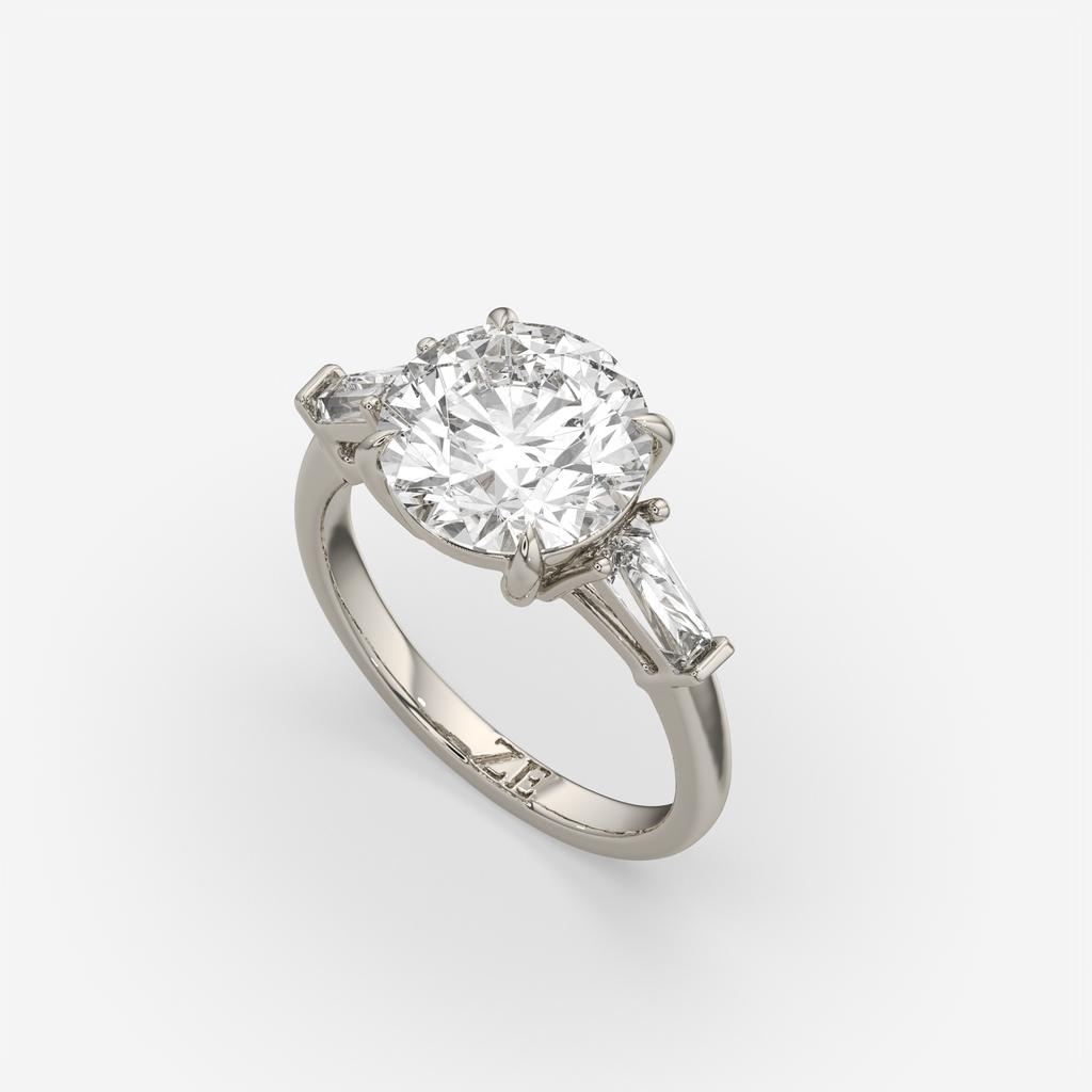 2.40 Ct D Color VS1 Round Diamond Three Stone Ring With Tapered Baguettes, in white gold, front view
