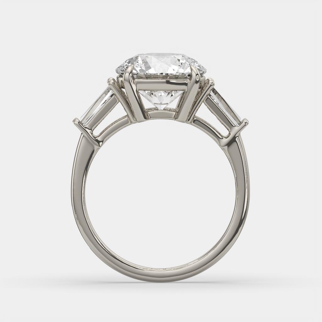 2.40 Ct D Color VS1 Round Diamond Three Stone Ring With Tapered Baguettes, in white gold, side profile