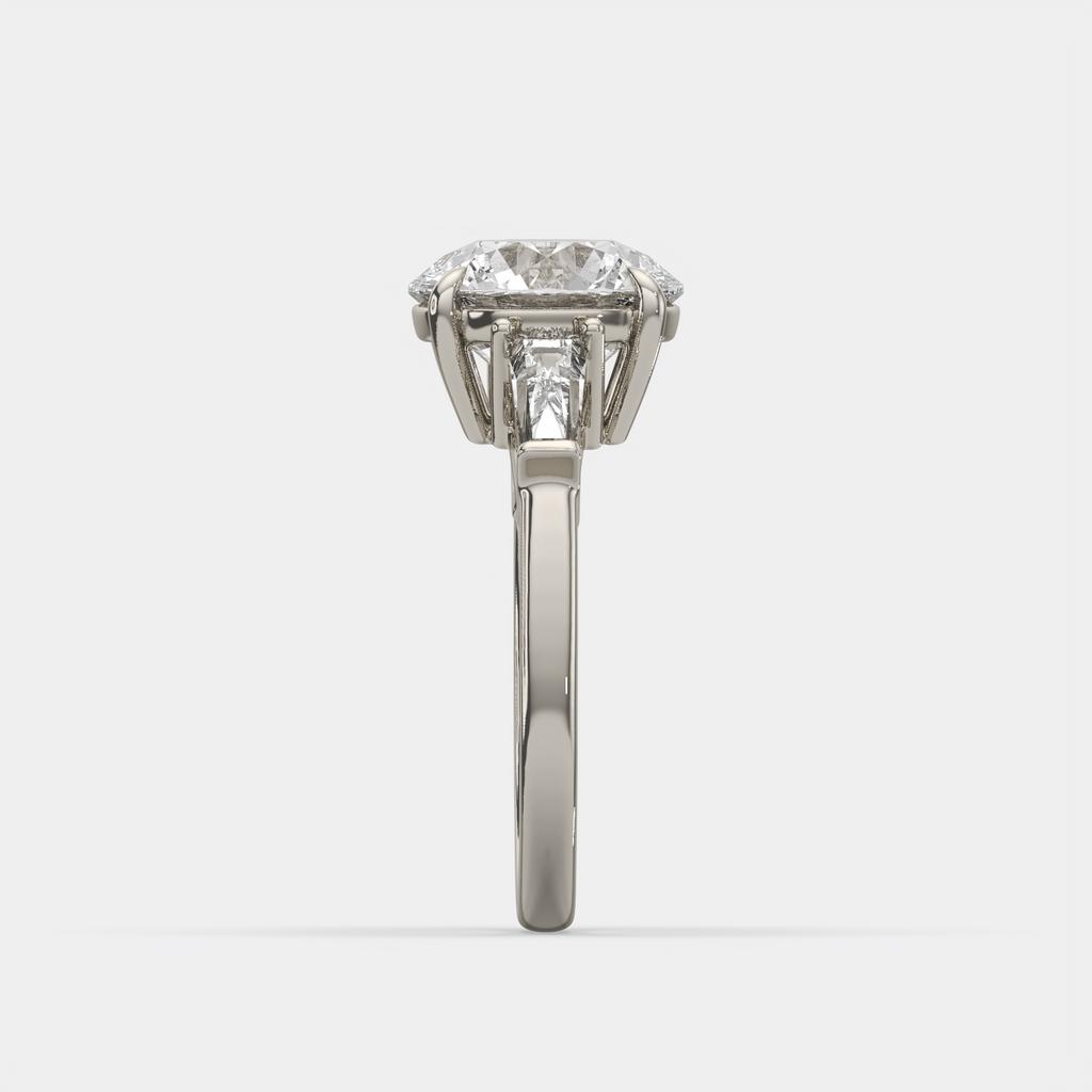 2.40 Ct D Color VS1 Round Diamond Three Stone Ring With Tapered Baguettes, in white gold, side profile