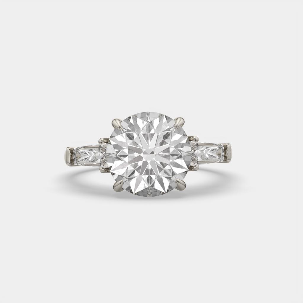 2.40 Ct D Color VS1 Round Diamond Three Stone Ring With Tapered Baguettes, in white gold, top view
