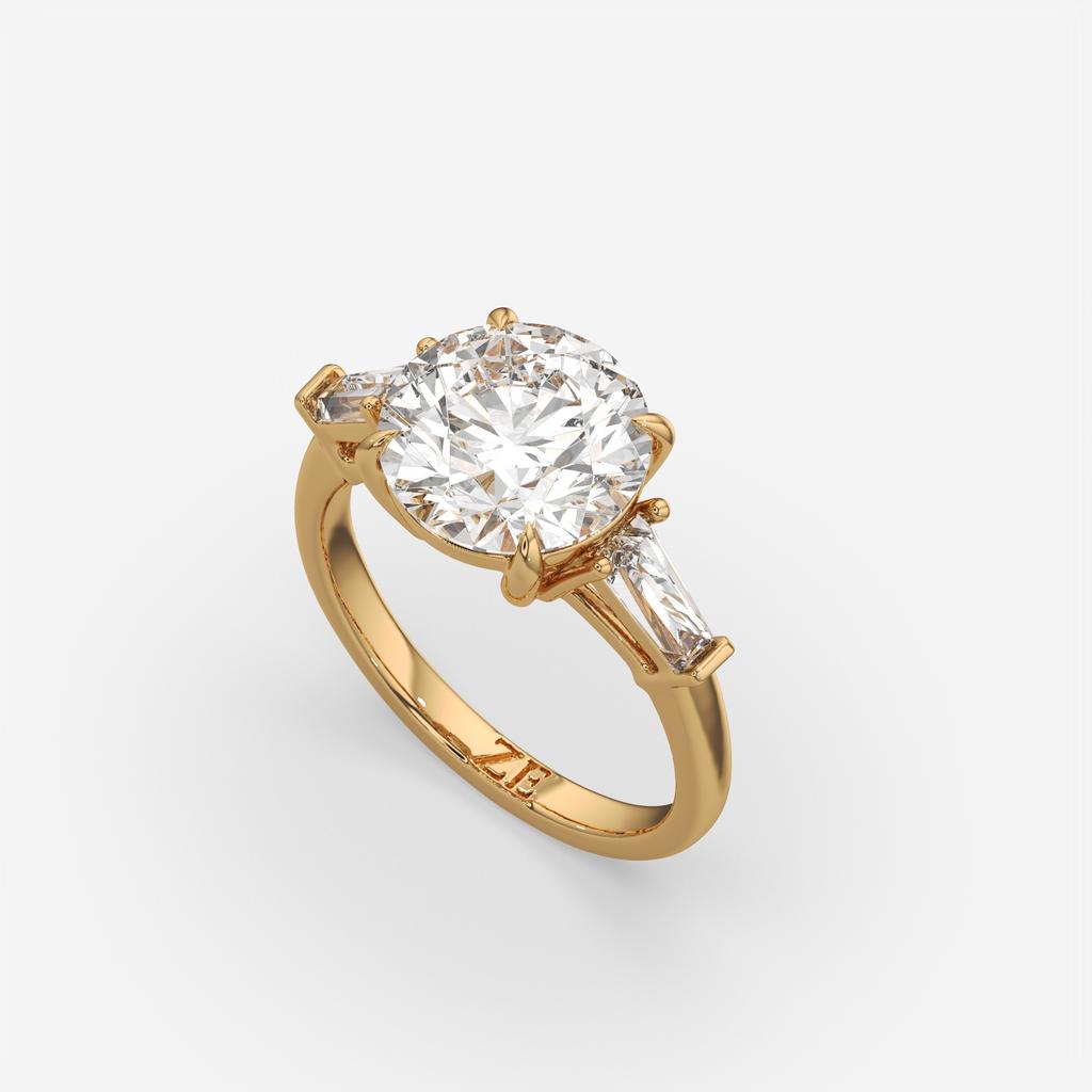 2.40 Ct D Color VS1 Round Diamond Three Stone Ring With Tapered Baguettes, in yellow gold, front view