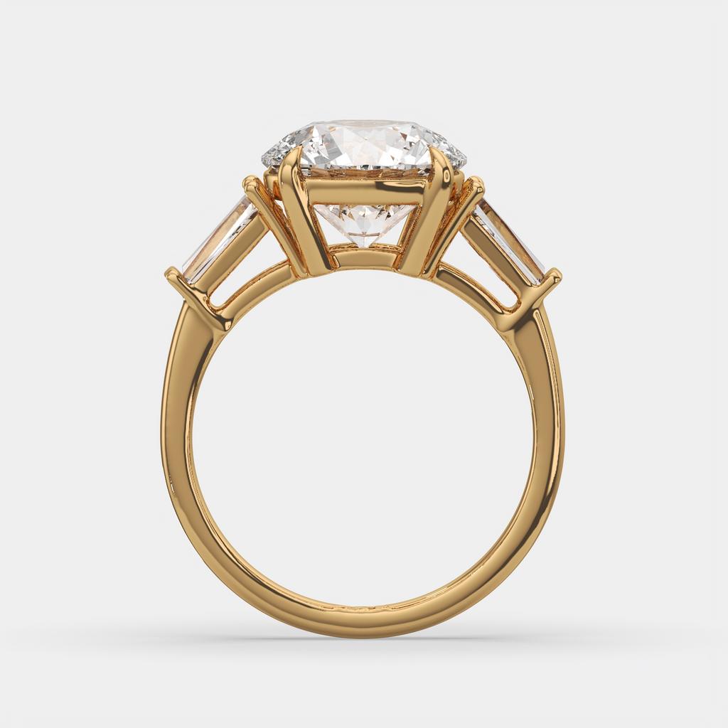 2.40 Ct D Color VS1 Round Diamond Three Stone Ring With Tapered Baguettes, in yellow gold, side profile