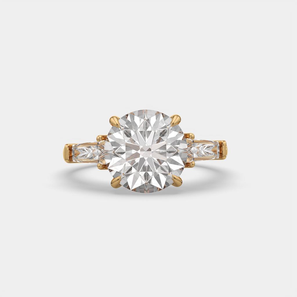 2.40 Ct D Color VS1 Round Diamond Three Stone Ring With Tapered Baguettes, in yellow gold, top view