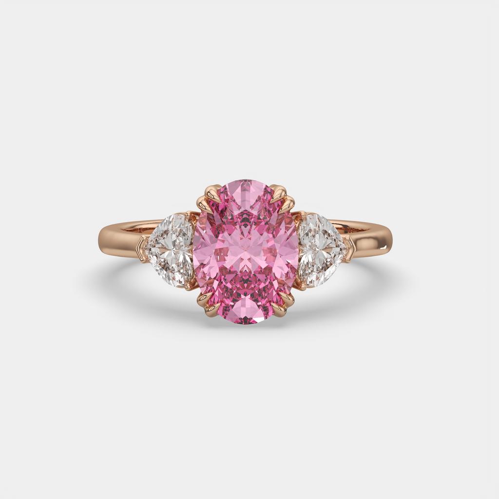 2.40 Ct Fancy Pink VS2 Oval 3 Stone Ring With Heart Shaped Accents, in rose gold, front view
