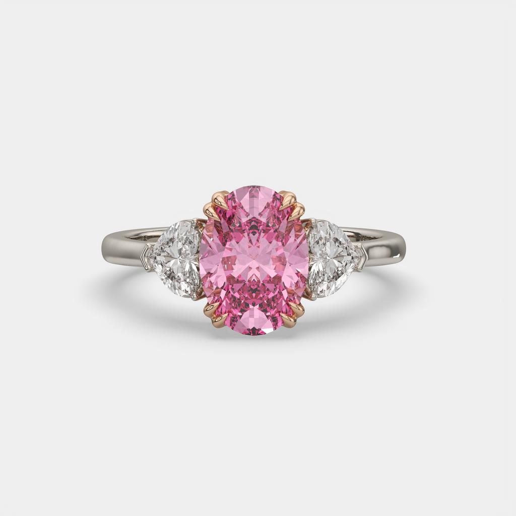 2.40 Ct Fancy Pink VS2 Oval 3 Stone Ring With Heart Shaped Accents, in white gold, front view