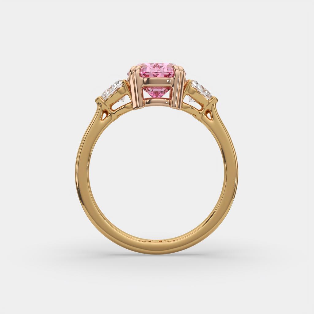 2.40 Ct Fancy Pink VS2 Oval 3 Stone Ring With Heart Shaped Accents, in yellow gold, front view