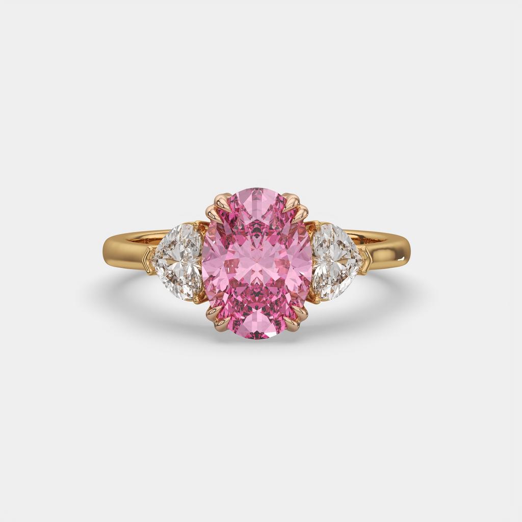 2.40 Ct Fancy Pink VS2 Oval 3 Stone Ring With Heart Shaped Accents, in yellow gold, front view