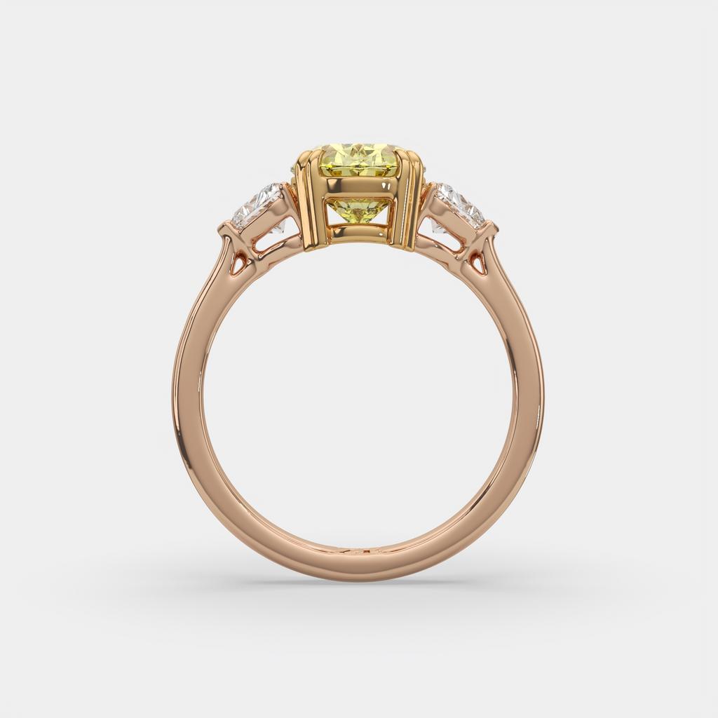 2.40 Ct Fancy Yellow VS2 Oval 3 Stone Ring With Heart Shaped Accents, in rose gold, front view