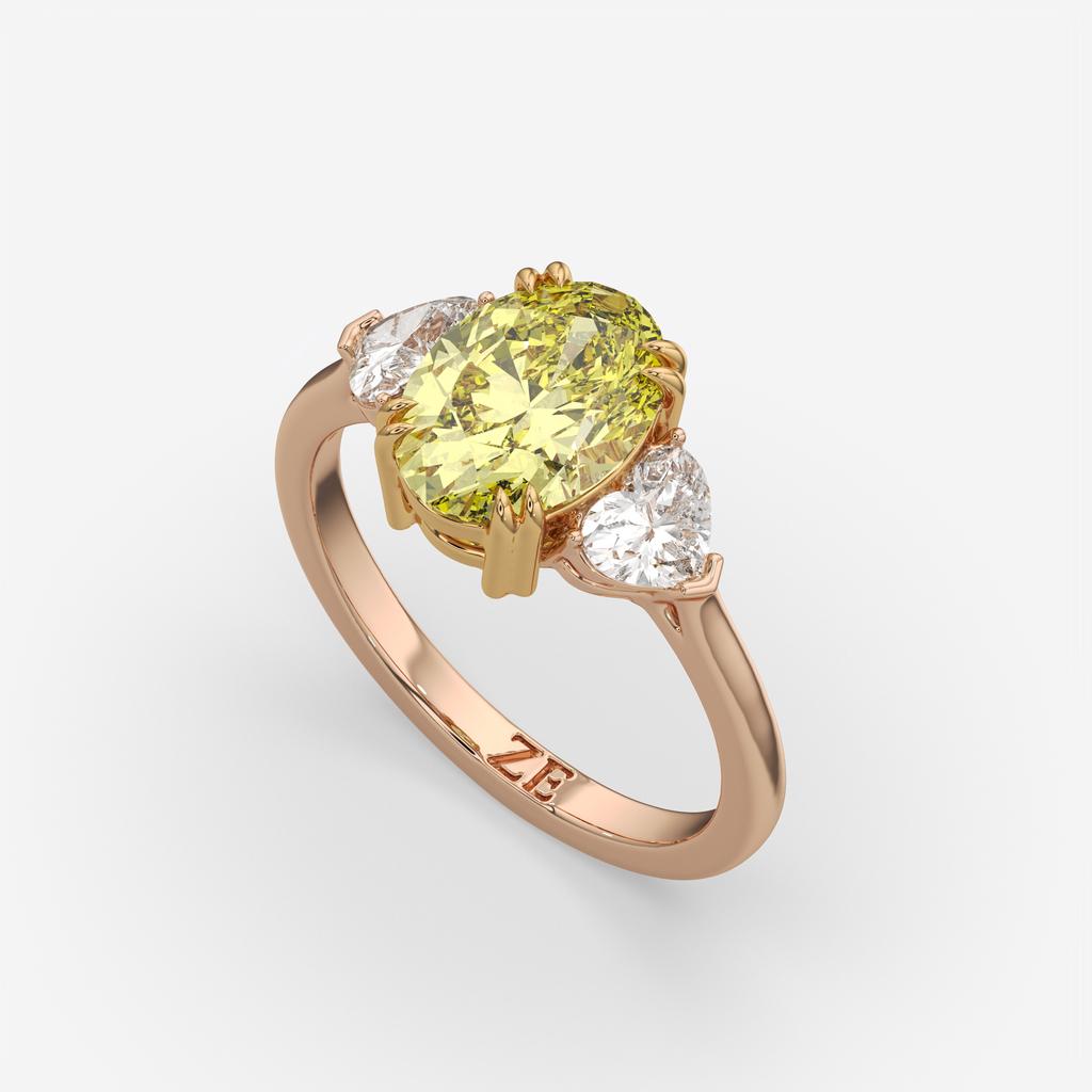 2.40 Ct Fancy Yellow VS2 Oval 3 Stone Ring With Heart Shaped Accents, in rose gold, front view